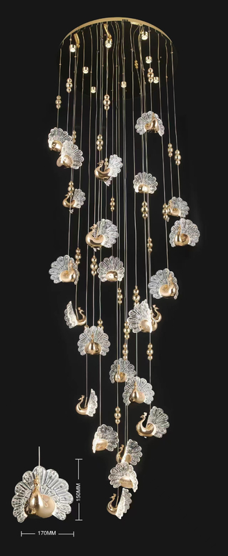 Duplex spiral staircase pick up empty chandelier Peacock wedding LED ceiling lamp chandelier acrylic decorative hanging lights for the stage and hotel