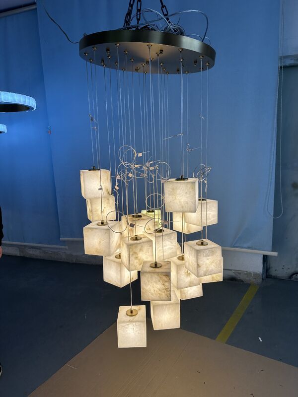 Customized Modern Luxury Square LED Brass Chandelier with Large Alabaster Pendant Adjustable Height for Living Room