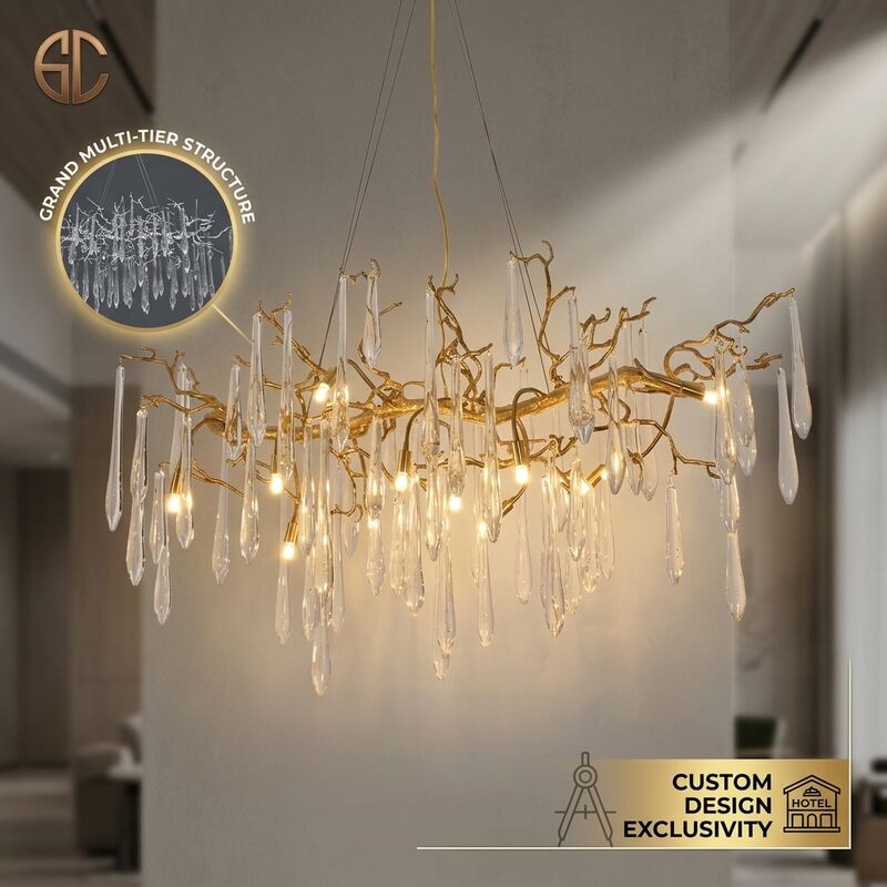 Custom Abstract Branch Crystal Chandelier Gold Finish Luxury Hotel Villa Club Gallery Pendant Light