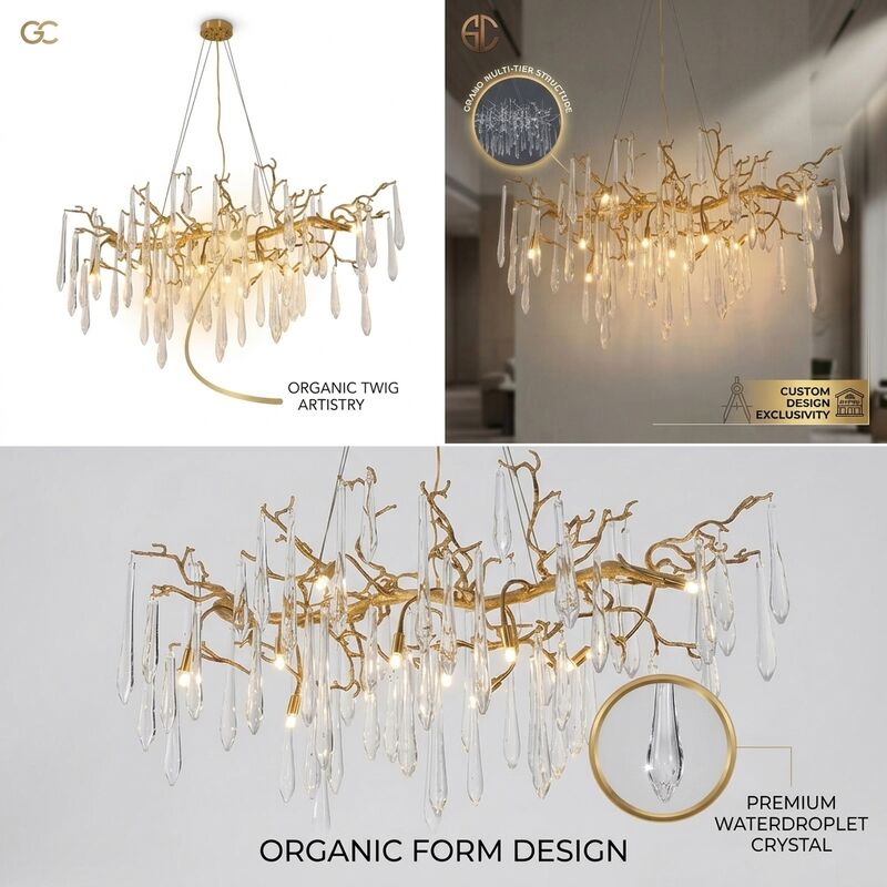 Custom Cascade Rain Crystal Chandelier Gold Rods Hotel Gallery Villa Club Luxury Linear Pendant Light