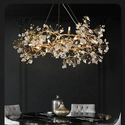 Chandelier de restaurant moderne 3000-6500K Tout le cuivre branche Chandelier en pierre de cristal