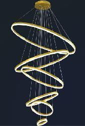 Chandelier à l' acrylique d' or à six anneaux, chandelier à LED, salon moderne, escalier, plafond, décor luxueux.