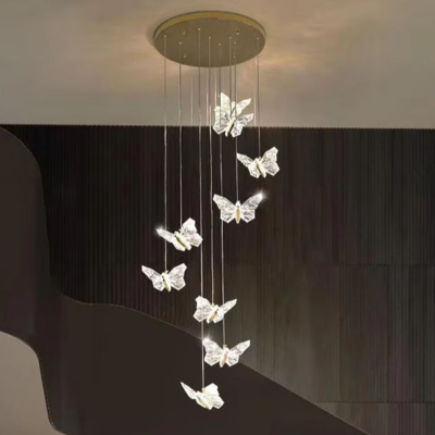 Lampe à pendentif à papillon transparente simple acrylique moderne minimaliste à plusieurs têtes suspendue pour chambre à coucher